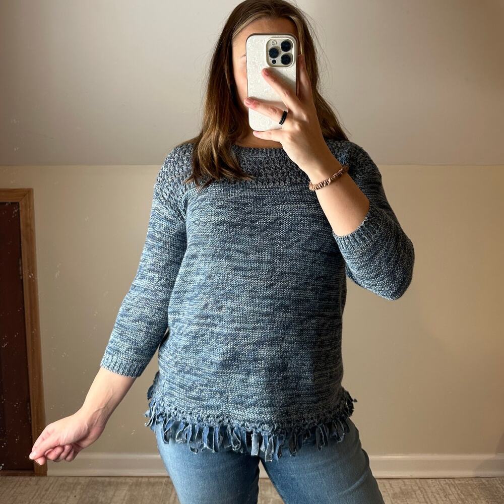 Tribal: Marled Blue Knit Fringe 3/4 sleeve sweater